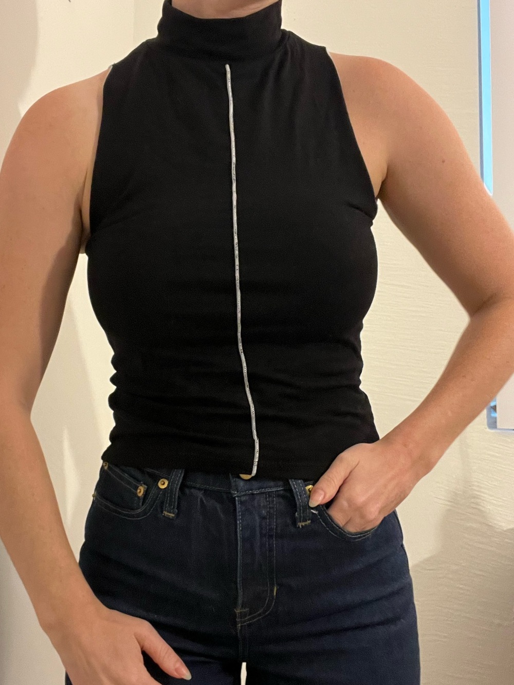 Reformation Sleeveless Black Mock Neck Tank with Center Seam Detail
